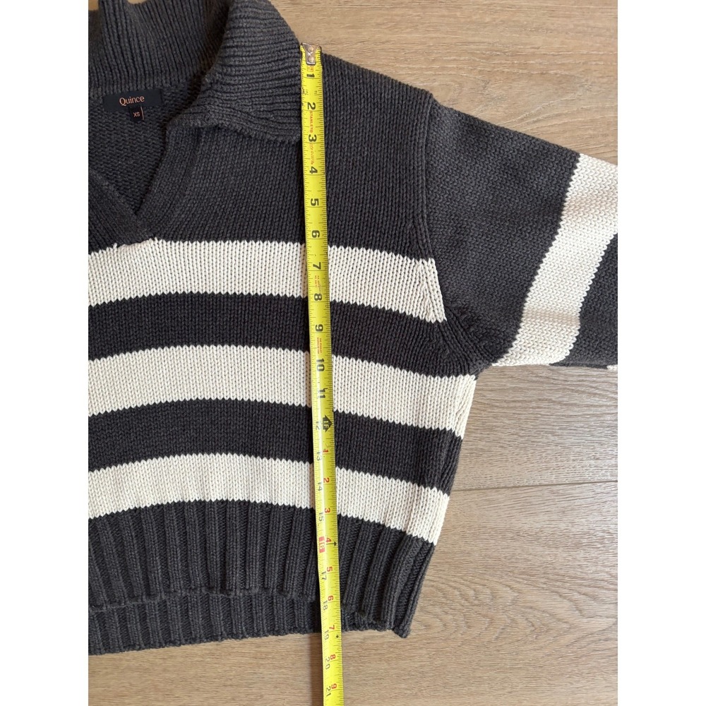 Quince Organic Cotton Striped Polo Sweater Charcoal Ivory XS Cropped V-Neck - Picture 6 of 10